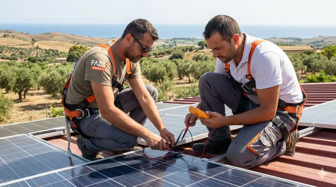 Tecnico fotovoltaico Sicilia occidentale verifica cablaggi e connessioni impianto solare