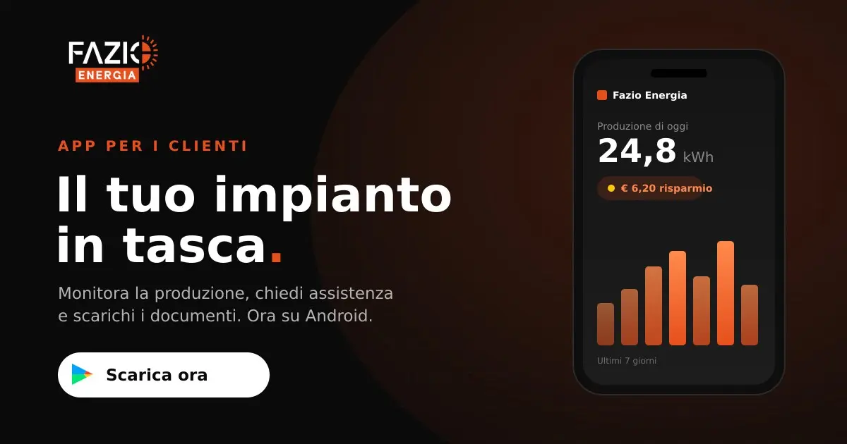 App Fazio Energia su Android: schermata di monitoraggio della produzione fotovoltaica